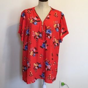 Rue+ Red Floral Flowy Zip Front PlusSize Blouse 4X